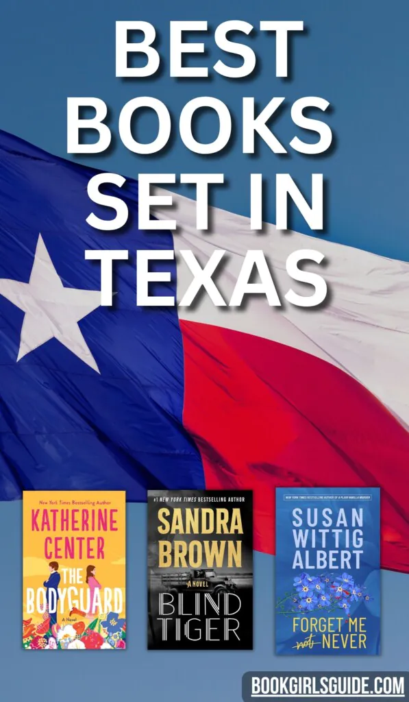 Close up photo of the Texas flag overlaid with the covers of three books set in Texas and words that read Best Books Set in Texas