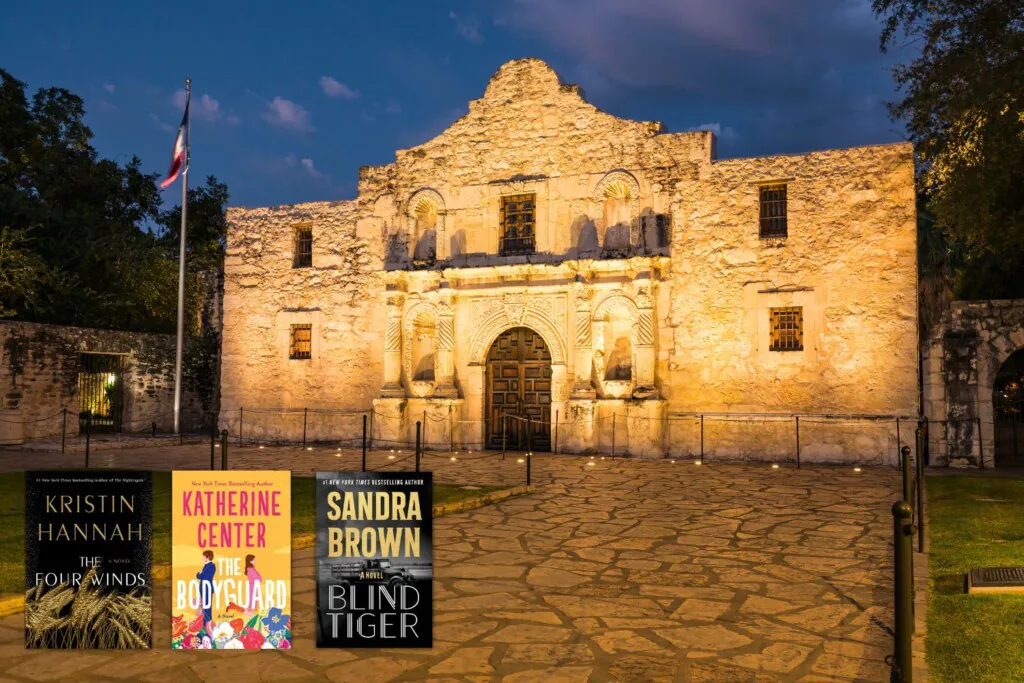 Photo of the Alamo at dusk overlaid with covers of three books set in Texas