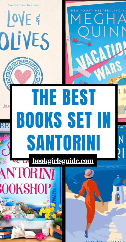Four book covers overlaid with text that reads The Best Books Set in Santorini Greece