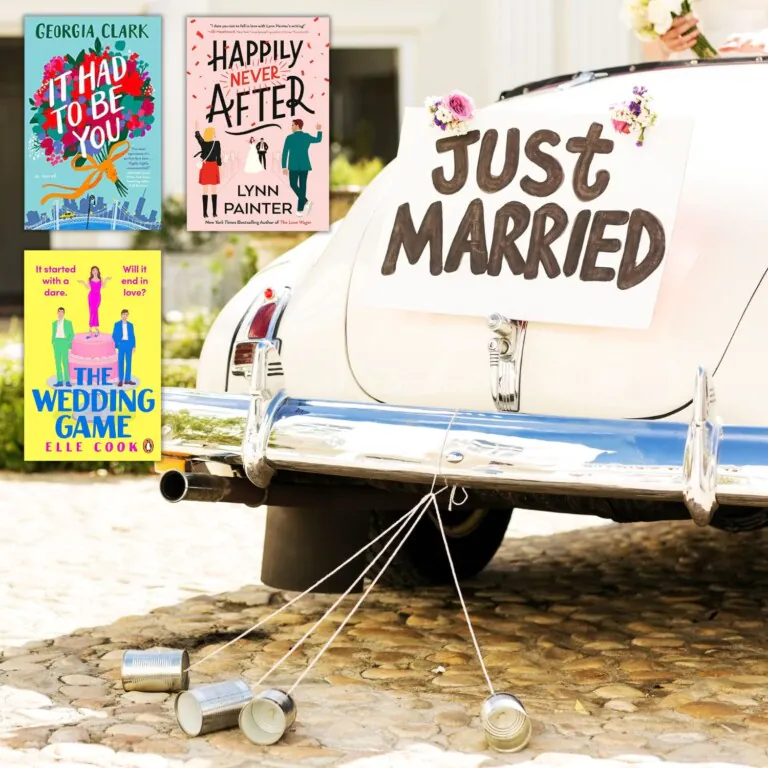 Photo of a vintage white car with a Just Married sign and cans tied to the back overlaid with three book covers of wedding themed rom coms
