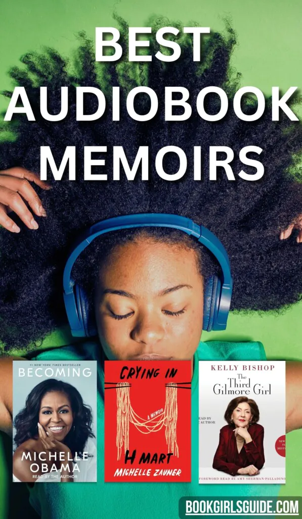 Photo of a woman using headphones to listen to an audiobook overlaid with three audiobook memoir covers