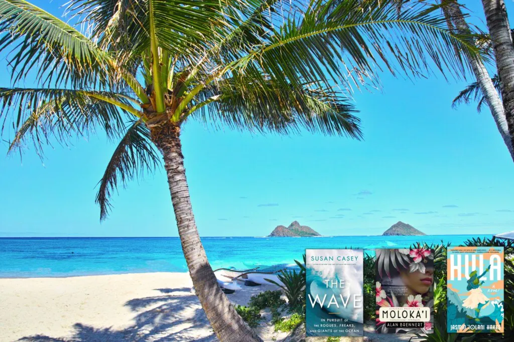hawaii beach view with 3 book covers