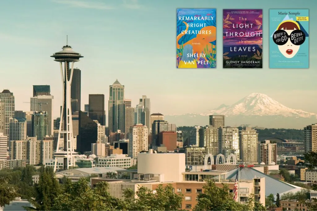 Photo of Seattle skyline with Mt. Rainier in the background overlaid with the covers of three books set in Washington