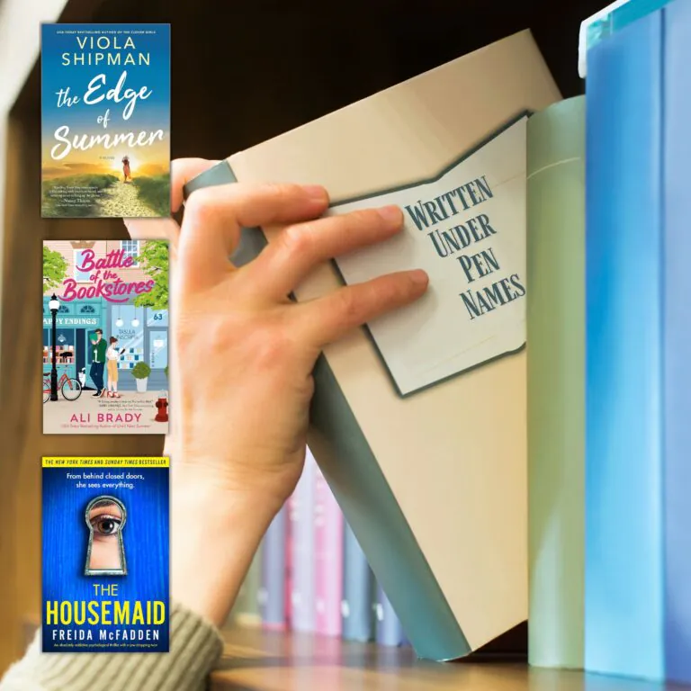 handing pulling book off shelf with the title Written Under Pen Names