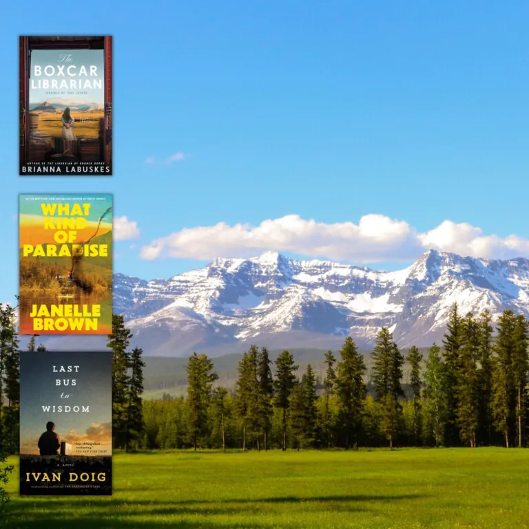 Landscape view of Montana grass and snow capped mountain with three book covers