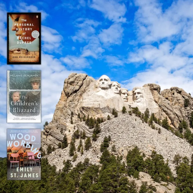 Mount Rushmore with 3 book covers