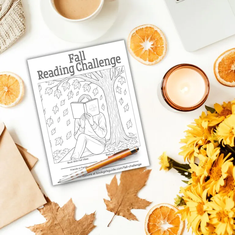 Fall leaves and flower in flatlay with fall reading challenge printable