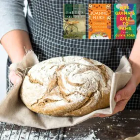 hands in apron holding freshly baked bread with three book covers overlaid