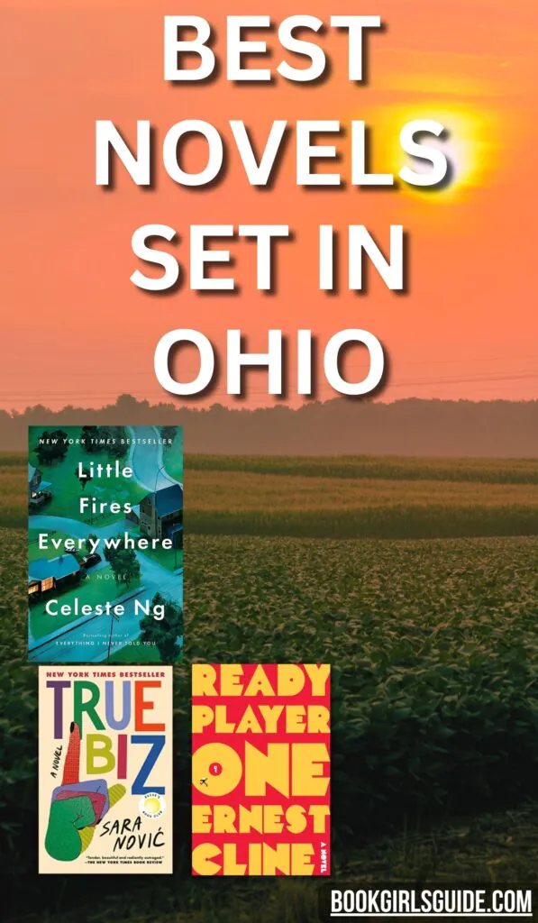 Photo of a field at sunset overlaid with the cover of three books set in Ohio