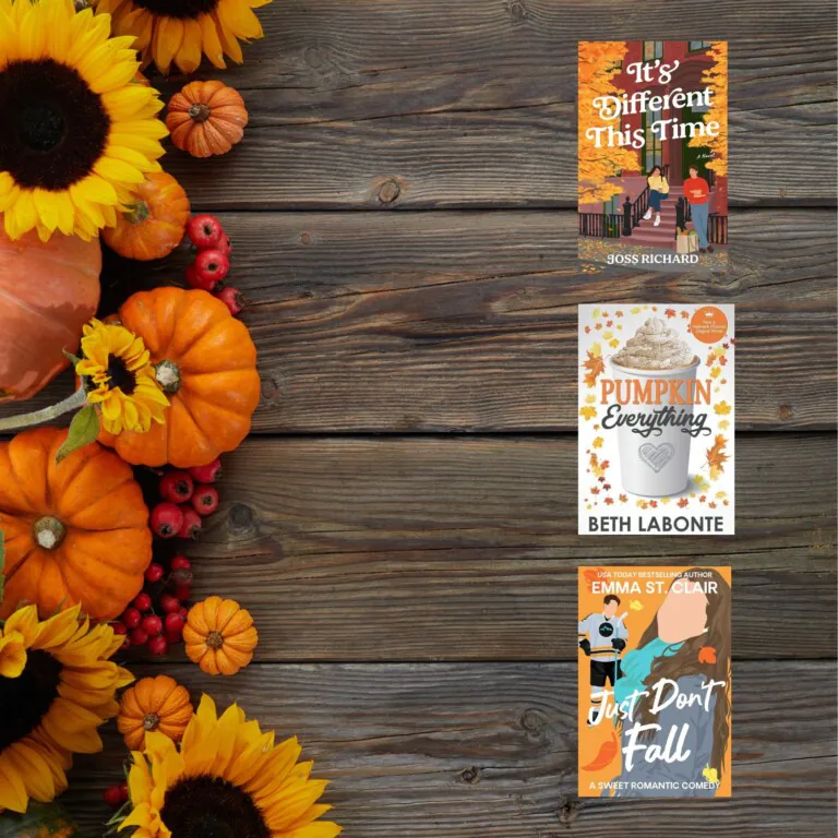Photo of sunflowers and pumpkins on a weathered wood background with three Kindle Unlimited fall romance book covers along the right side