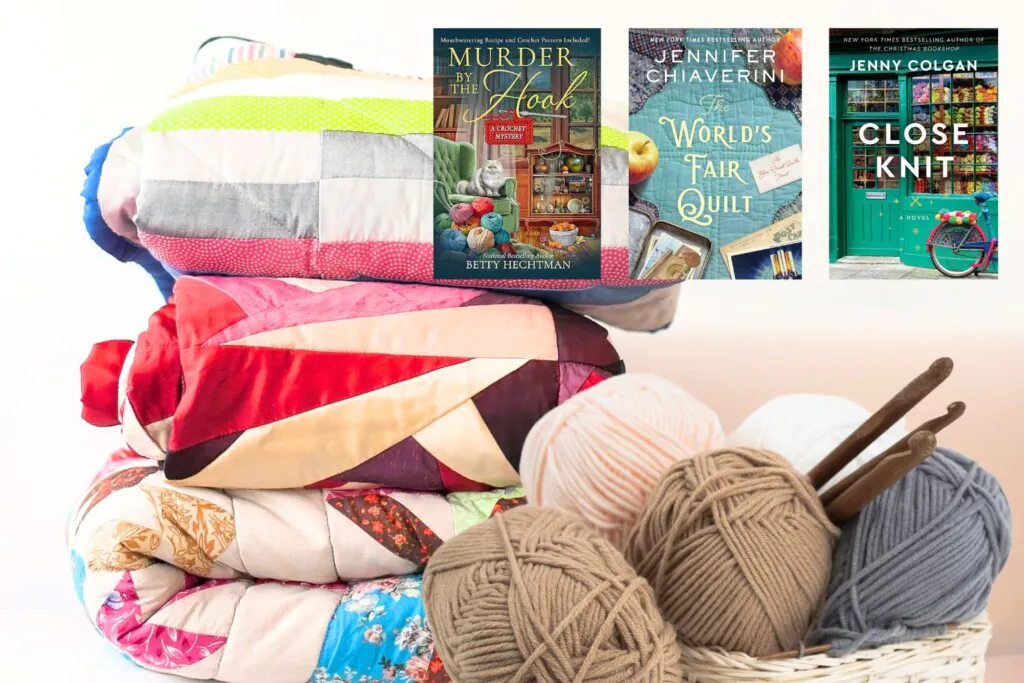 Pile of quilts and yarn with 3 book covers