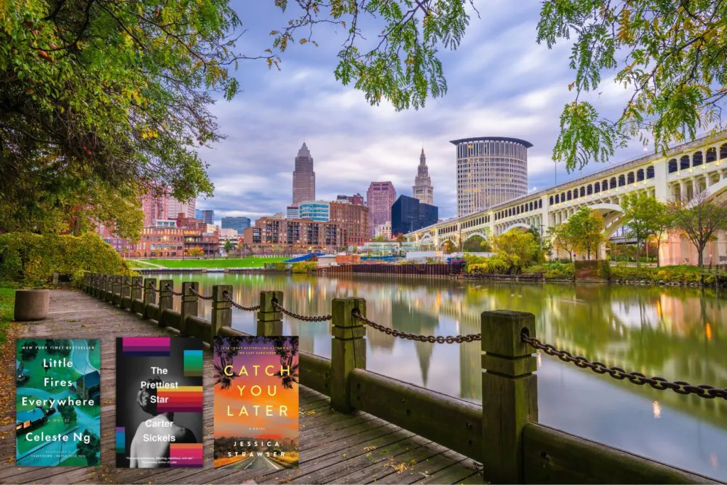 Photo of Cleveland Ohio overlaid with the covers of three books set in Ohio