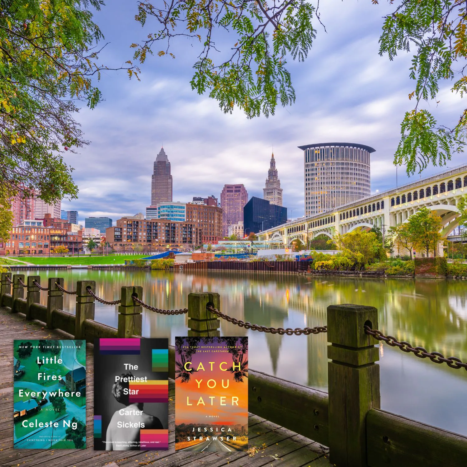 Photo of Cleveland Ohio overlaid with the covers of three books set in Ohio