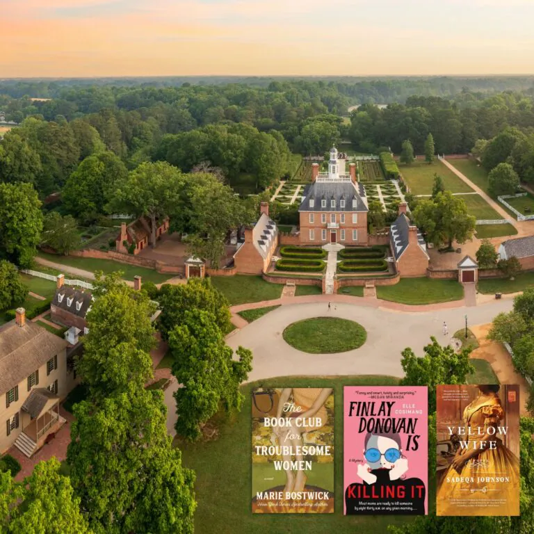 Photo of Governors Palace in Williamsburg with three covers of books set in Virginia