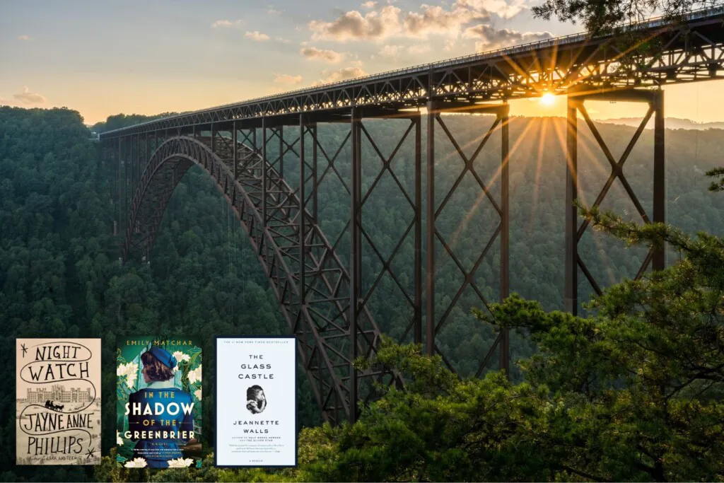 Photo of Sunset at the New River Gorge Bridge with the covers of three books set in West Virginia in the bottom left corner