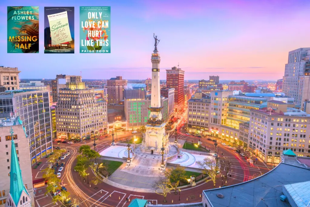 Photo of Monument Circle in Indianapolis with three covers of books set in Indiana in the top left corner
