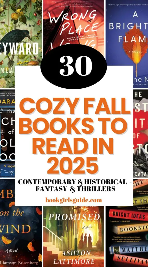8 partial book covers around the edges with a white rectangle in the middle and orange text that reads 20 Cozy Fall Books to Read in 2025