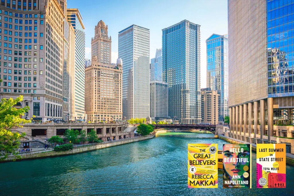 Chicago river and skyline with book covers