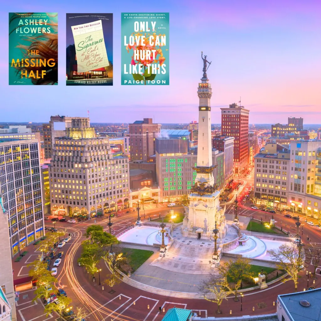 Photo of Monument Circle in Indianapolis with three covers of books set in Indiana in the top left corner