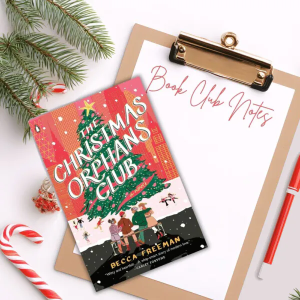 Flatlawy with a white background, pine branches in the corners, and candy canes. A cllipboard with and a red pen in the center with a paper that says Book Club Notes and a Christmas book sitting atop the clipboard