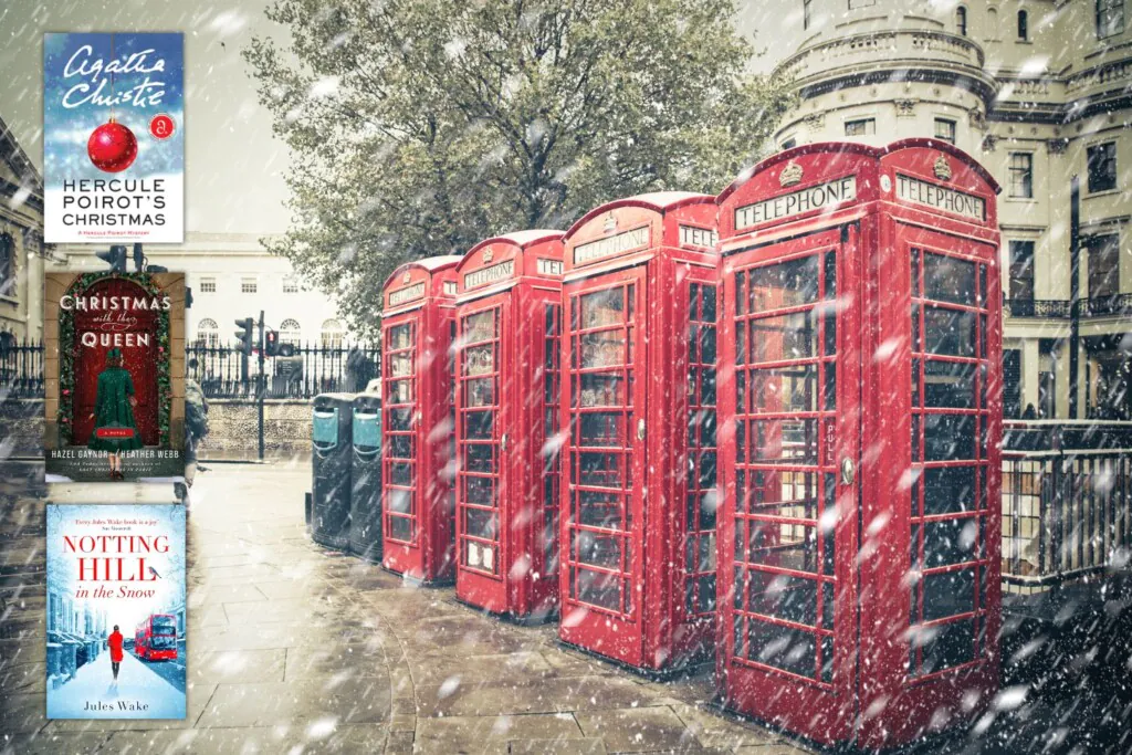 Red phone booths in snowly England with 3 Christmas book covers