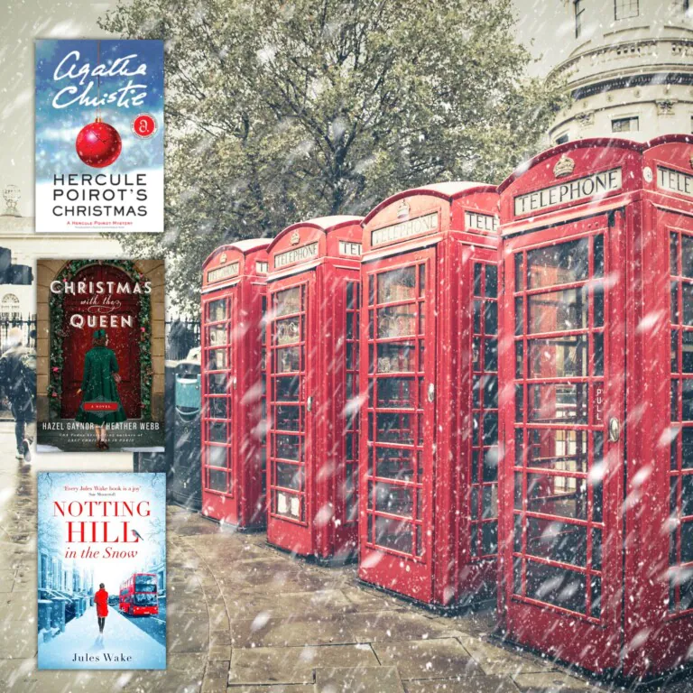 Red phone booths in snowly England with 3 Christmas book covers