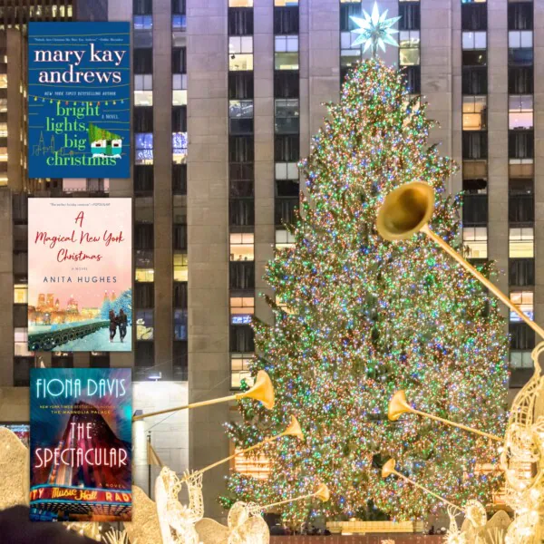 Photo of Rockefeller Christmas Tree overlaid with three Christmas book covers