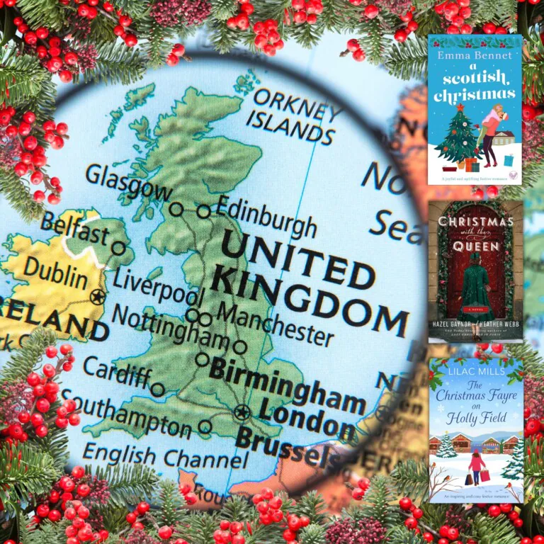 map of the UK with christmas garland and books