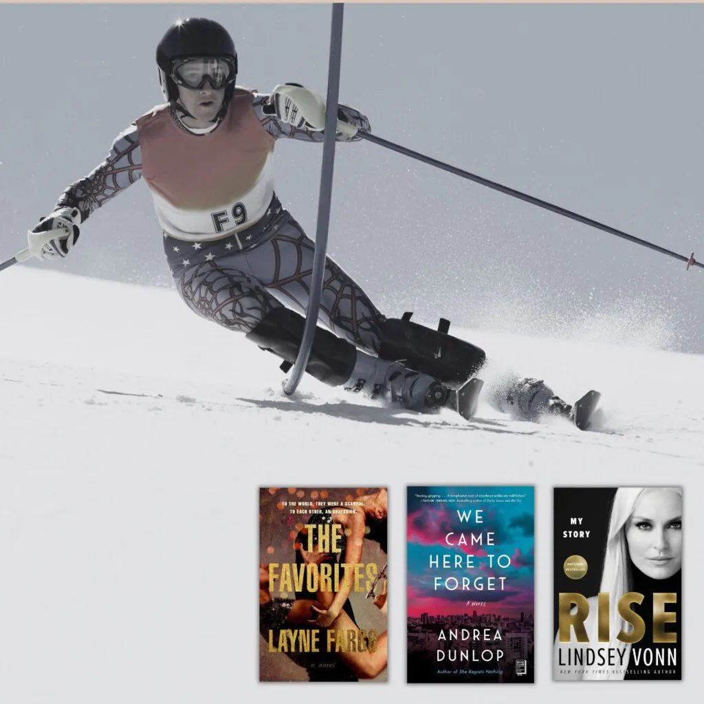 Downhill skiier with 3 books about winter olympic sports