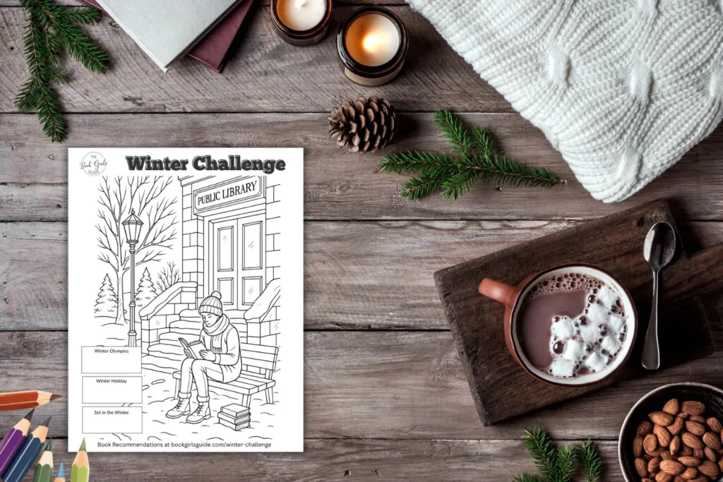 Winter tabletop with image of printable coloring sheet from the Winter Reading Challenge