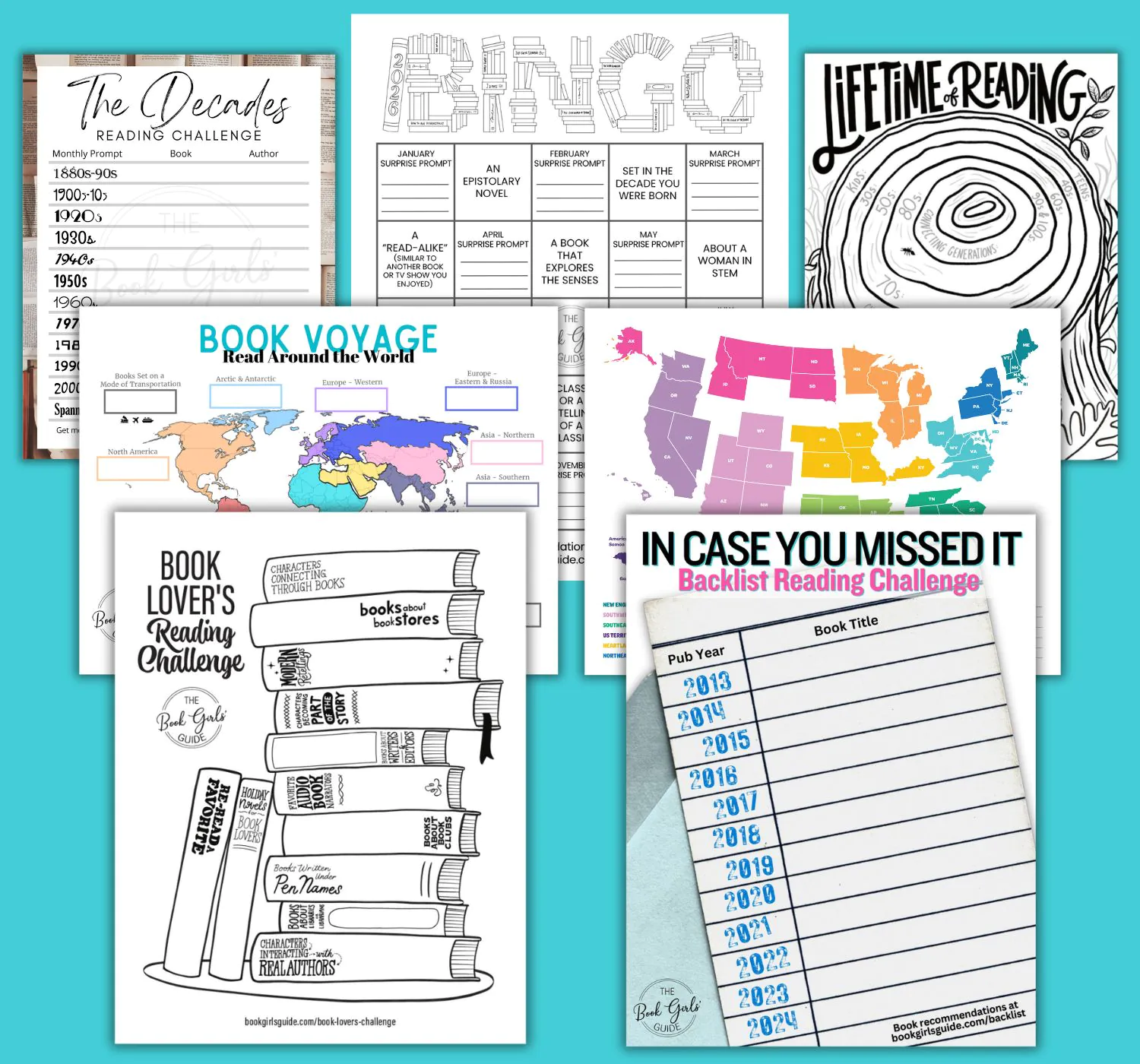 Teal background with seven reading tracker pages for the Book Girls' Guide yearlong reading challenges