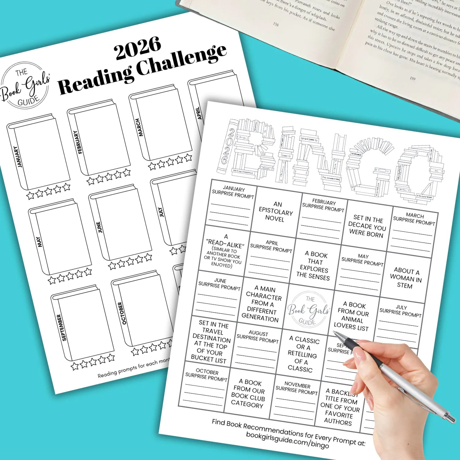 Book Bingo and 12 month Book Girls Guide 2026 Reading Challenge Trackers