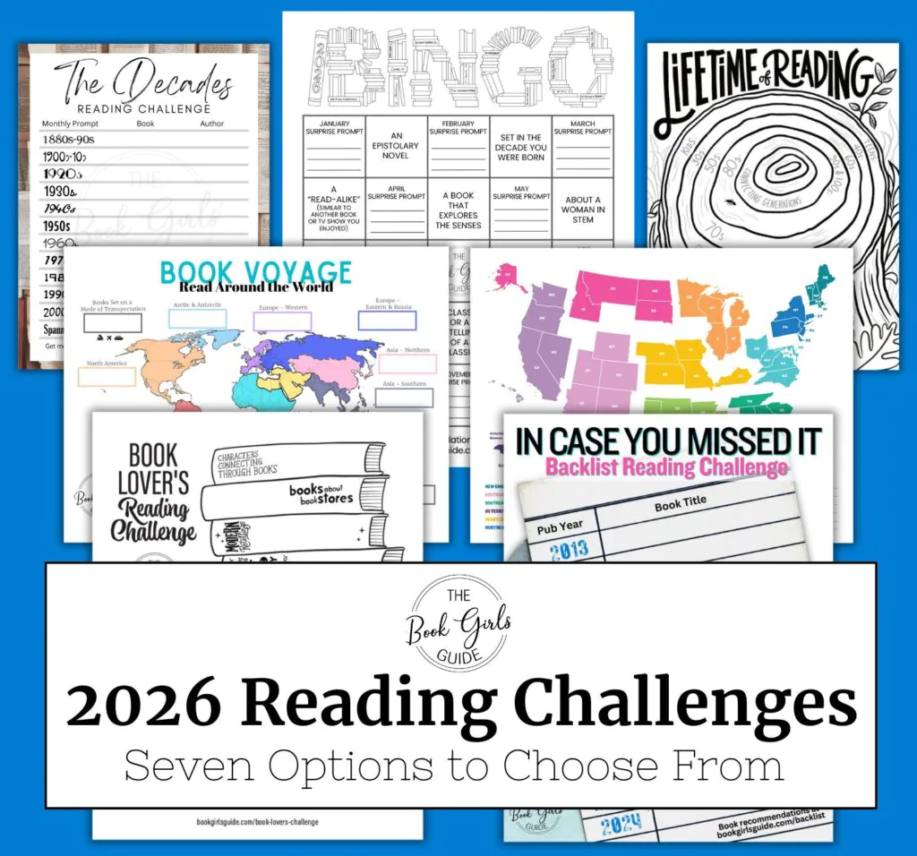Blue background with seven reading tracker pages for the Book Girls' Guide yearlong reading challenges