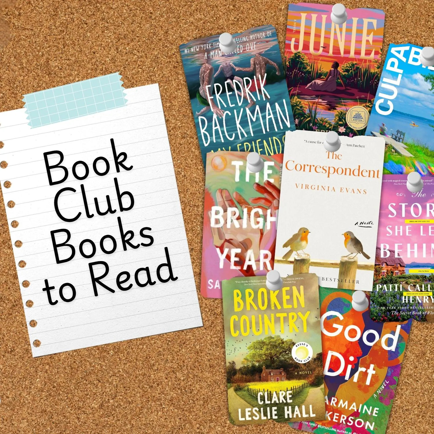 pin board showing multiple books for book clubs