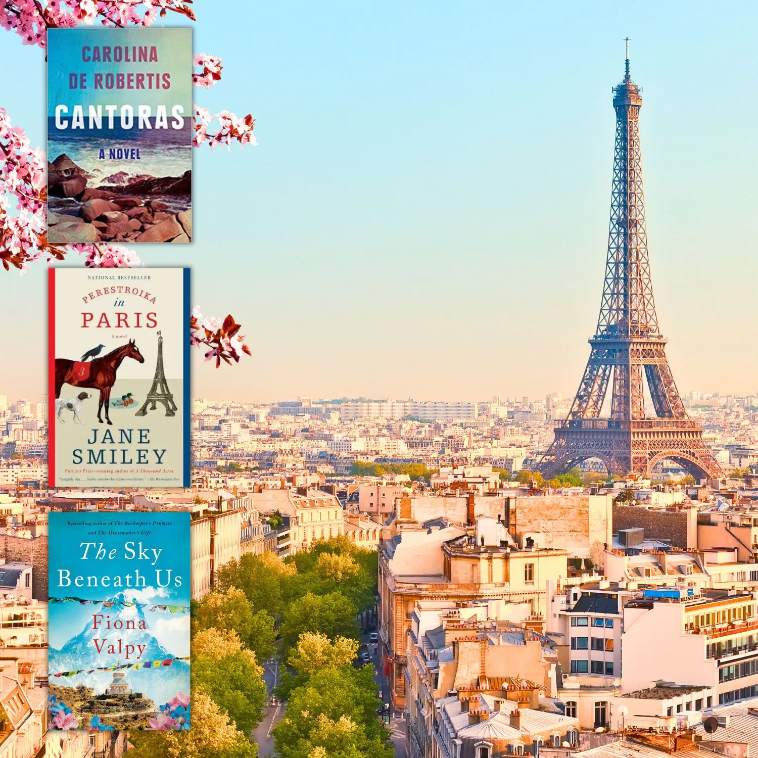 Eiffel Tower with three book covers