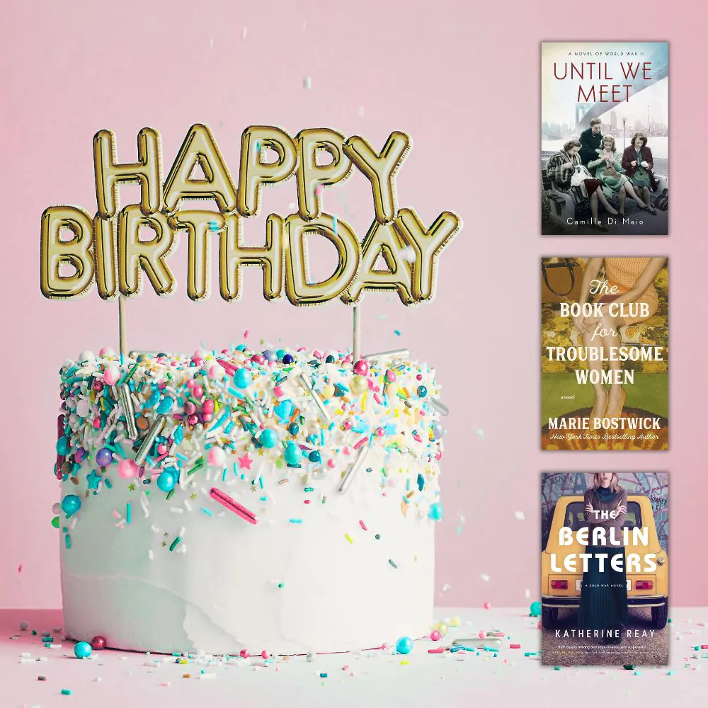 Cake with Happy Birthday Candles & book covers with women from the 1940s, 1960s, and 1980s