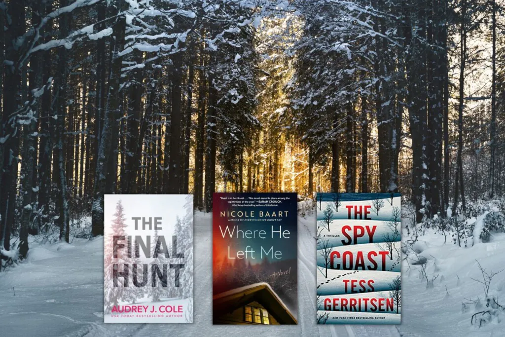Snowy treeline road at dusk with 3 book covers representing the best winter thrillers