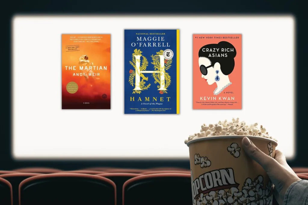 Movie screen with three book covers that have been made into movies