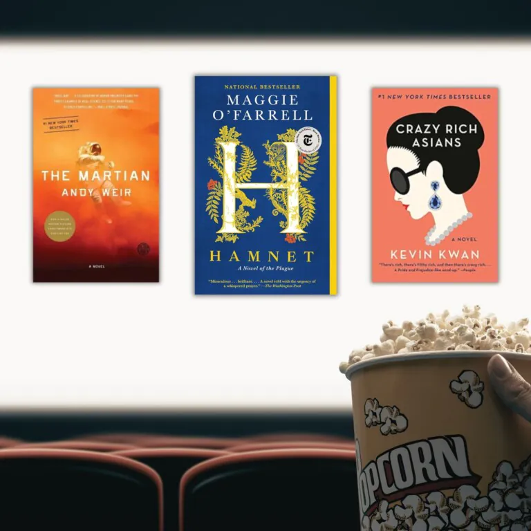 Movie screen with three book covers that have been made into movies